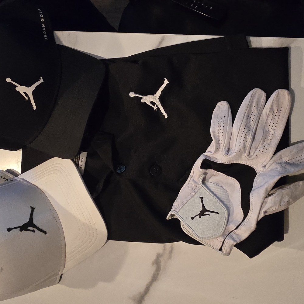 Black and White Jordan Golf Set, 2 Hats, Polo, And Glove